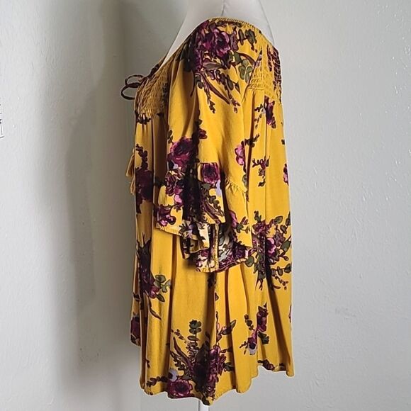 Terra & Sky Gold with Purple Flowers, Short Ruffled Bell Sleeves Tie Front Sz 1X - Picture 5 of 8